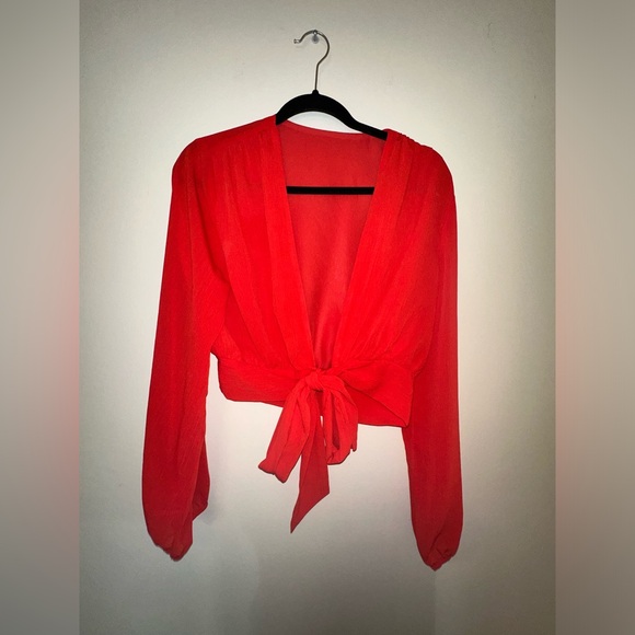 Red front tie long sleeve top - Picture 2 of 3